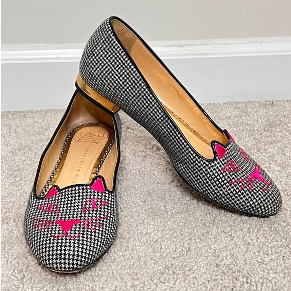 Charlotte Olympia Houndstooth Slip On Kitty Loafer Flats Black/White Womens 36.5 - Picture 3 of 11
